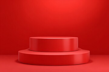 Two tiered red cylinder podium on a seamless red background with copy space stage platform