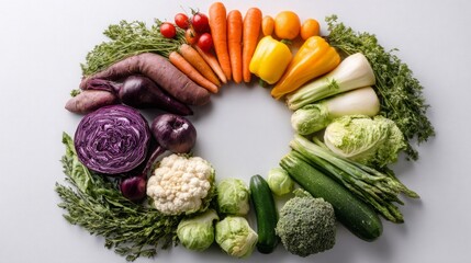 Colorful array of fresh vegetables arranged in a circular pattern on a white background.