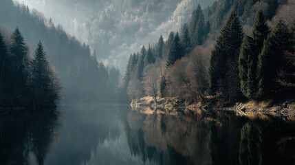 Serene misty lake surrounded by dense forest and mountains reflects tranquil beauty of nature. soft light and fog create peaceful, ethereal atmosphere
