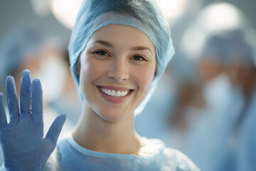 Smiling healthcare professional in surgical attire waves in hospital setting, conveying warmth and friendliness. background shows blurred medical environment, suggesting busy hospital scene