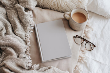 Cozy scene with notebook, glasses, and cup of coffee on soft blanket, creating warm and inviting atmosphere