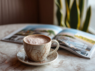 Cozy scene with frothy cappuccino in rustic ceramic cup on marble table, accompanied by open magazine and plant in background, creating relaxing atmosphere