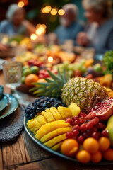 Vibrant assortment of fresh fruits, including pineapple, berries, and grapes, is beautifully arranged platter, creating colorful and inviting display. setting is warm and festive, suggesting