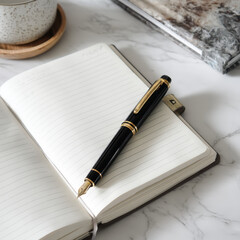 Sleek black fountain pen with gold accents rests elegantly on open lined notebook, placed on marble surface. ceramic cup and closed book are nearby, creating sophisticated workspace vibe