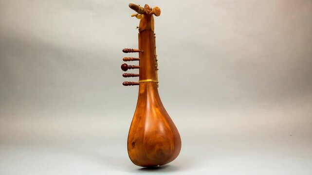 Close-up of a stringed musical instrument, wooden, with pegs and a curved body, against a light backdrop