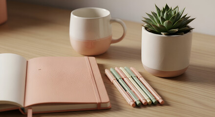 "Minimalist Desk Scene with Open Notebook, Colored Pencils, Mug, and Plant"
