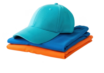A stack of folded clothes with a blue baseball cap on top isolated on transparent background
