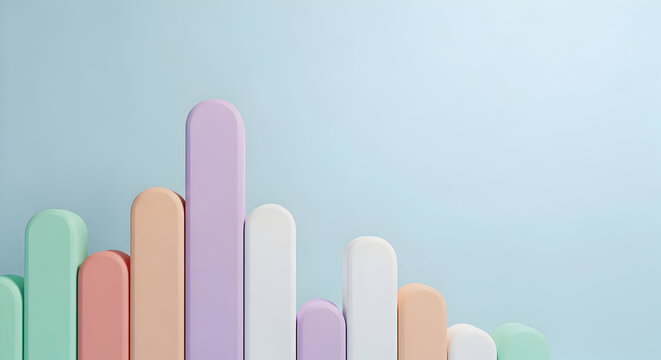 "Colorful 3D Bar Chart Growth Graph in Pastel Colors on Blue Background"