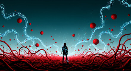 "Surreal Silhouette of Person Facing Red Neural Network with Floating Spheres - Dark Sci-Fi Concept"