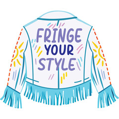 White Fringed Jacket With Colorful Text Saying Fringe Your Style And Decorative Sun Motifs On Sleeves
