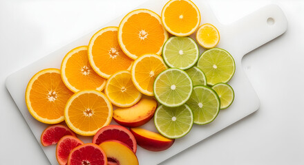 "Fresh Citrus Fruit Slices – Orange, Lemon, Lime, Blood Orange and Grapefruit on White Marble Board – Top View Flat Lay"
