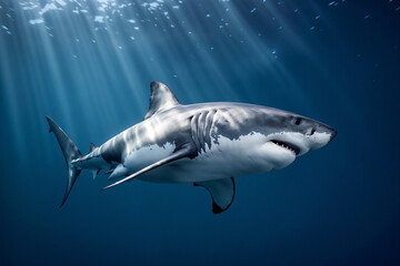 A majestic and terrifying Great White Shark swimming in the deep blue ocean, illuminated by dramatic sunlight rays penetrating the water surface.