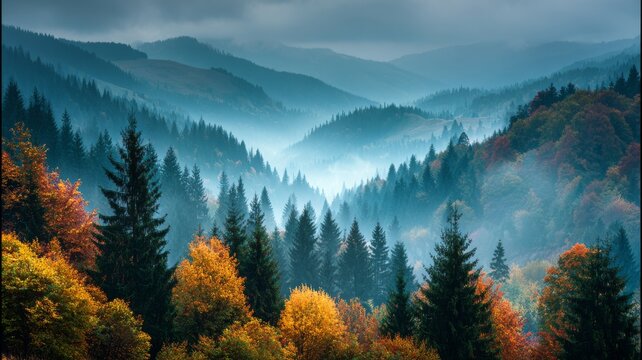 Majestic carpathian mountains landscape with autumn forest, misty morning in ukraine, scenic nature view with colorful trees and tranquil wilderness in europe