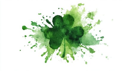Abstract watercolor depiction of a green shamrock with paint splashes.