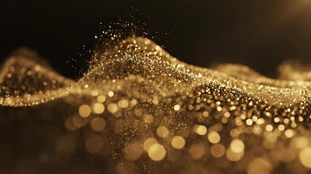 Slow motion close up of glittering golden particles expanding outward in shimmering light wave pulsations against a dark void golden hour, healing, meditation