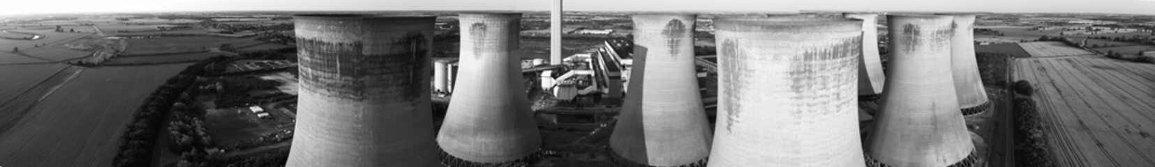 Aerial monochrome view of Eggborough power station cooling towers