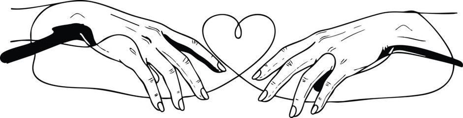 Human hands reaching out with heart shaped wire connection symbolizing love and connection in minimalistic vector design 