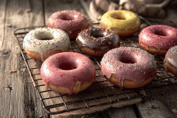 Indulgent Assortment of Glazed Donuts on a Rustic Wire Rack in Warm, Moody Light.