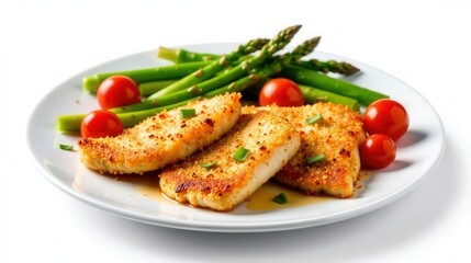 A delectable plate featuring breaded fish fillets, accompanied by vibrant green asparagus spears and juicy red cherry tomatoes, creating a balanced and appetizing culinary presentation.