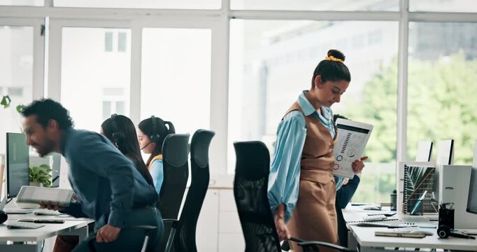 Happy, employees and arrival in call center, talk and planning for lead generation or collaboration. Telemarketing, consultants and people with ideas for sales, conversation and coworking in office