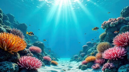 Sunbeams Illuminate Vibrant Coral Reef Ecosystem with Diverse Fish Species and Lush Colorful Anemones