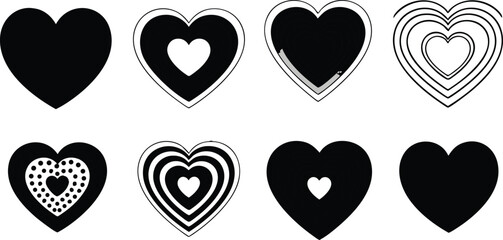 Heart shapes icon set with solid and outlined styles for romantic and decorative vector designs 