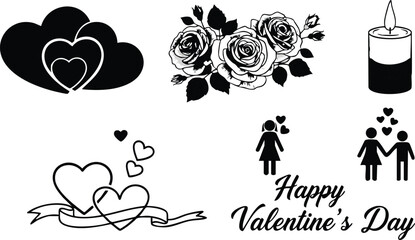 Valentine&rsquo;s Day romantic hearts bouquet of roses candle and couple love celebration vector illustration 