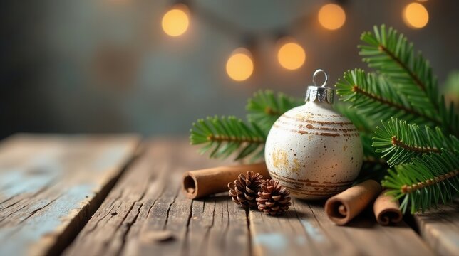 Rustic Winter Holiday Ornament Scene with Evergreen Boughs and Aromatic Cinnamon Sticks on Weathered Wooden Surface