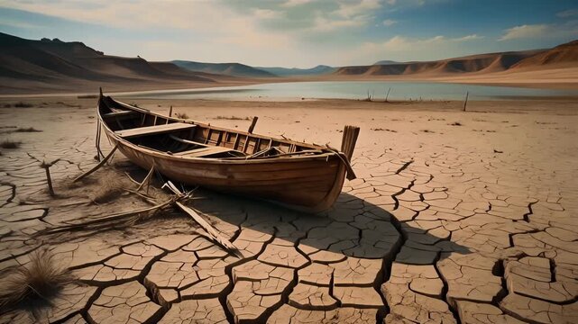 Old wooden boat stranded on cracked dry earth near a receding lake.
