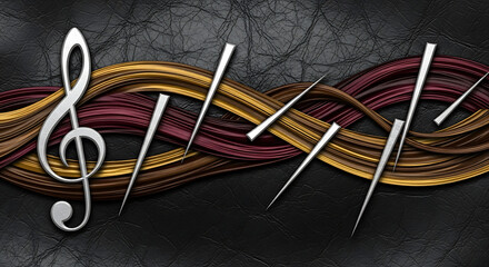 Musical notes intertwined with colorful threads on a dark textured background