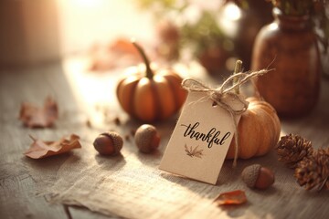 Cozy autumn still life with pumpkins acorns dry leaves and thankful tag in warm sunlight ideal for Thanksgiving celebration cards and seasonal home decor visuals