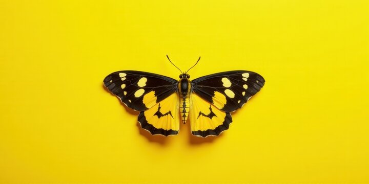 A Vibrant Yellow Background Showcases a Striking Black and Yellow Butterfly with Delicate Wing Patterns
