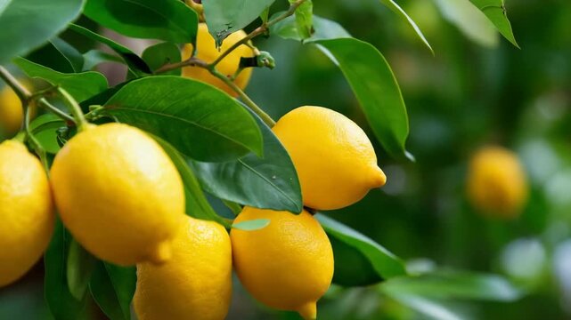 Fresh lemons on vibrant green tree branch in sunlit orchard