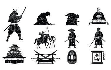 Obraz premium Traditional japanese samurai warrior culture symbols set with swordsman, archer, swords and shield in black silhouette style