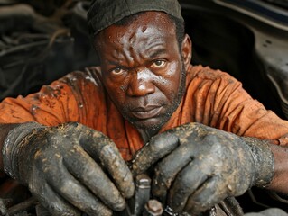A mechanic repairing a car engine, hands covered in grease, focused determination