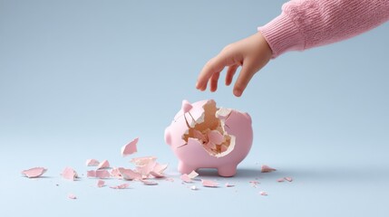Child's hand reaching for broken pink piggy bank with scattered ceramic pieces on soft blue background, symbolizing savings and financial lessons
