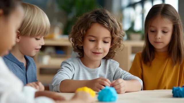 Diverse group of children engaging in creative play with colorful clay indoors