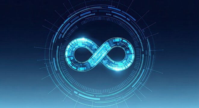 Digital infinity symbol with futuristic tech circle interface