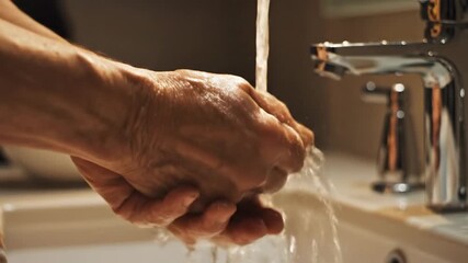 Washing hands under running water for hygiene and cleanliness in the bathroom.