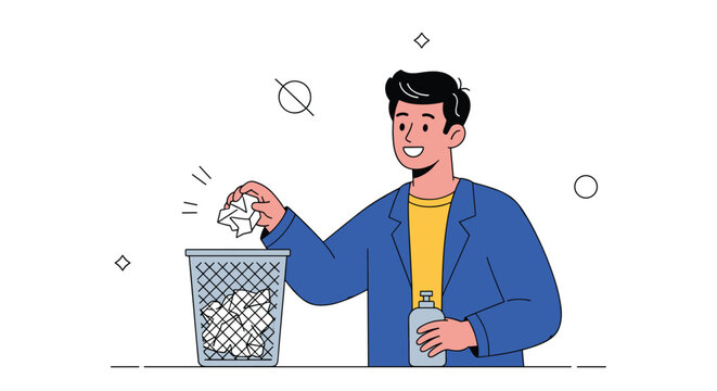 A happy man responsibly throws crumpled paper into a trash can, holding a bottle, symbolizing cleanliness or a fresh start.