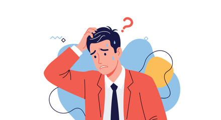 An anxious businessman looks stressed and confused, scratching his head under a question mark, symbolizing a difficult problem.
