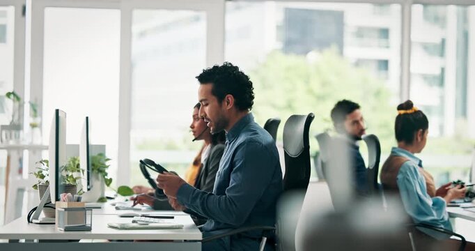 Agent, man and headset preparation in call center to start day, customer service and help desk. Coworking, consultant and ready with microphone for contact us, technical support and online assistance
