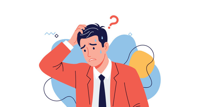 An anxious businessman looks stressed and confused, scratching his head under a question mark, symbolizing a difficult problem.