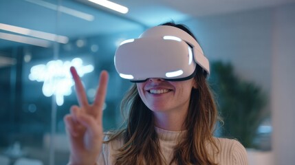 Young Woman Wearing Virtual Reality Headset Smiling and Making Peace Sign Indoors