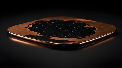 Minimal luxury copper plate floating over mirror-like dark water in soft lighting
