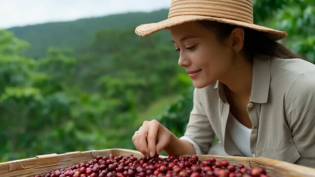 Asian female farmer sorting coffee cherries outdoors in plantation - Powered by Adobe