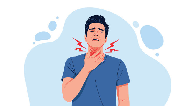 Young man suffering from a painful sore throat, holding his hand to his neck with visible pain indicators, illustrating discomfort or illness.