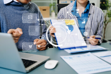 Working team meeting concept, business using laptop and smart phone and digital tablet computer with digital marketing media  in virtual icon network diagram office