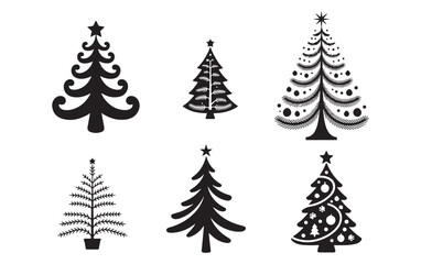 Christmas Tree Silhouette Vector Set, Festive Holiday Decoration Icons.
