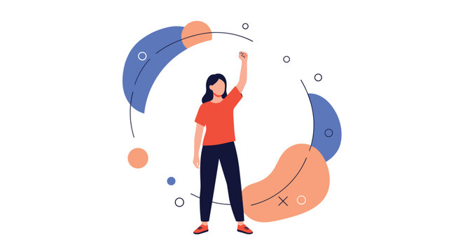 Illustrated confident woman with her arm raised, symbolizing success, leadership, or a call to action against a modern background.
